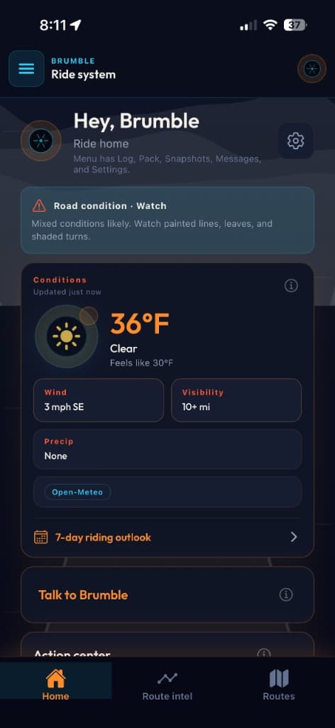 Brumble ride home — weather strip, road watch, and quick actions before you roll