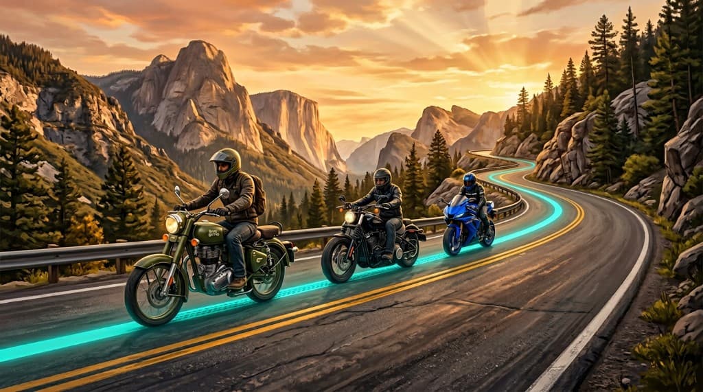 Golden-hour mountain pass — cyan navigation line in the riders’ lane; Royal Enfield Classic 350, modern Harley, and sport bike following the route