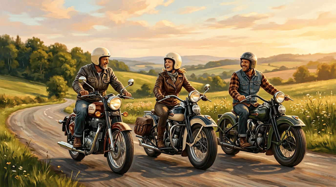 Classic bikes on a sunlit country road — Royal Enfield and vintage Harleys, riders rolling together.
